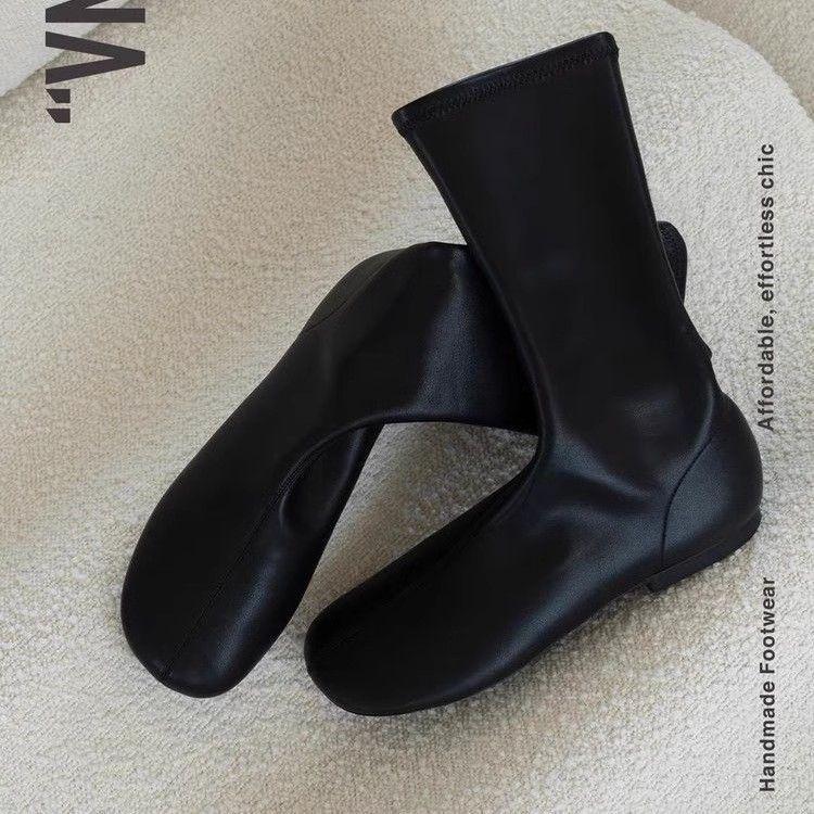 

Универсальные модные полусапоги-носки до середины икры на плоской подошве для женщин - Новинка 2025, эластичный дизайн с круглым носком, стройнящий силуэт 40