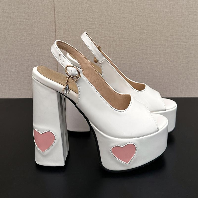 Heart-Shaped Pattern Glossy Lacquer Leather Material Peep Toe Shoes Back Strap Rhinestone Buckle High Platform Women's Sandals