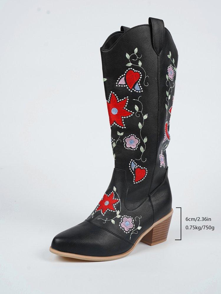 

Осень новые европейский и американский стиль средний каблук вышитые высокие сапоги женские большой размер вышитые толстый каблук кожаные рыцарские ковбойские сапоги 43