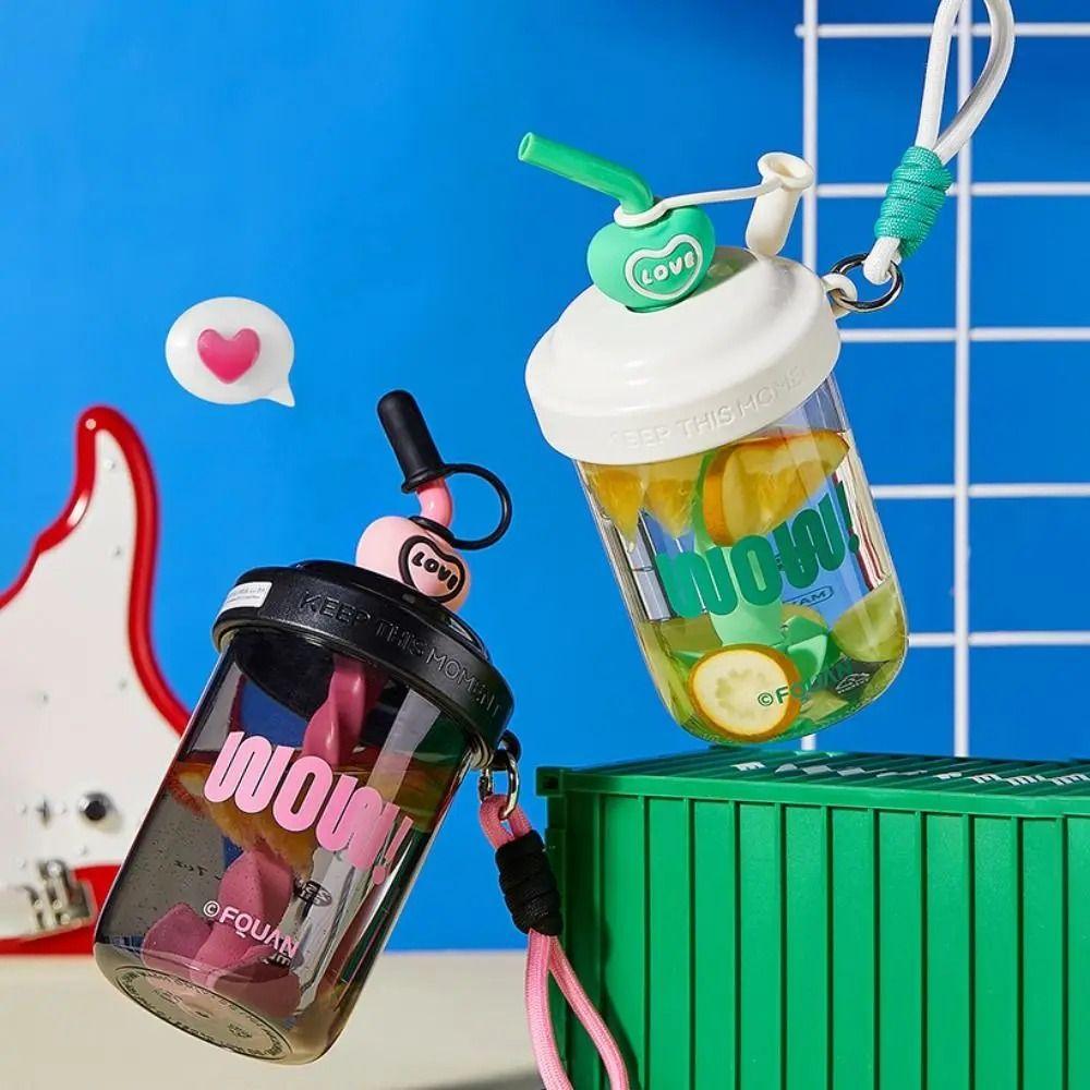 With Straw Stirring Cup High-capacity Drinking Cup Kawaii 580ML Water Bottles  Sports