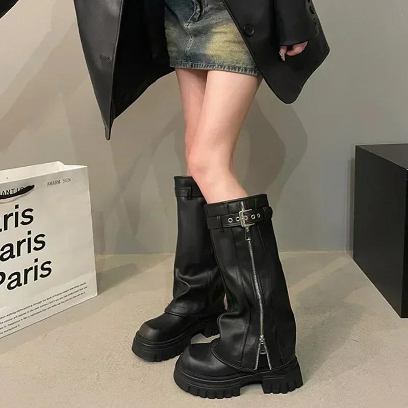Fashion Winter Women Biker Boots Fashion Belt Buckle Ladies Elegant Platform Long Pipe Booties Casual Women's Knee High Booties