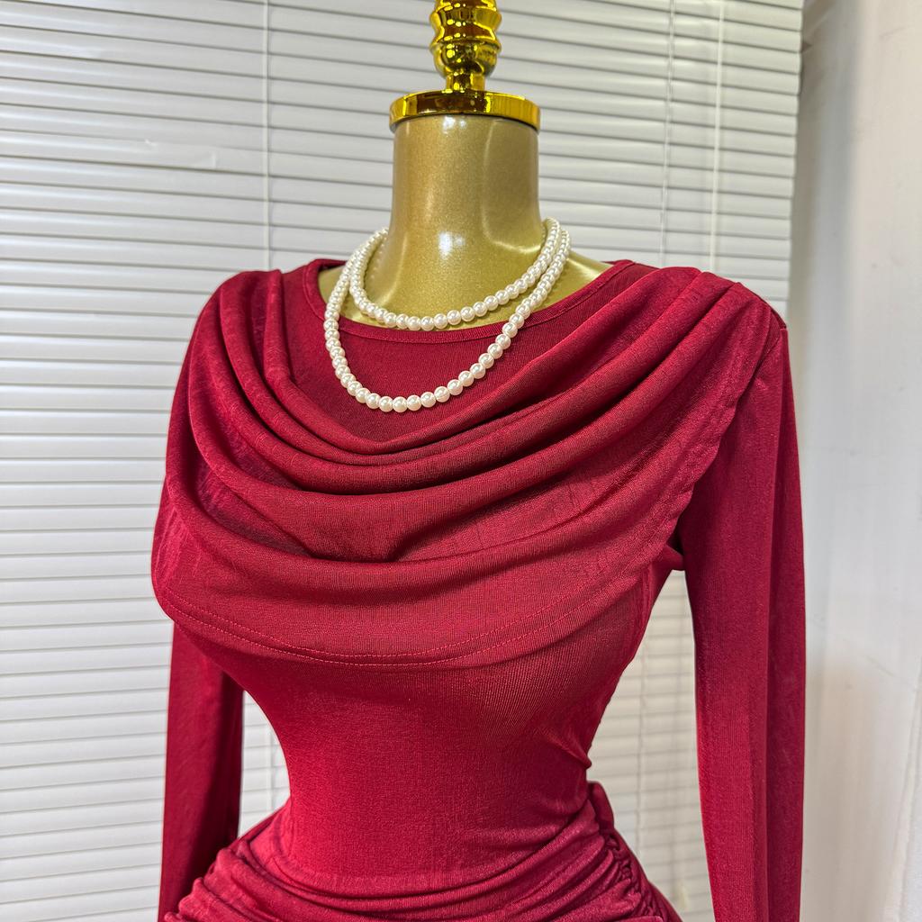 European and American Evening Dresses Spring New Fashion Temperament Slim-fitting High Round Neck Pleated Hip-wrapped Long-sleeved Dresses