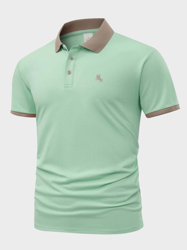 Men's Contrast Mesh Collar Polo Shirt, Equestrian Embroidered Business Casual Short Sleeve Top