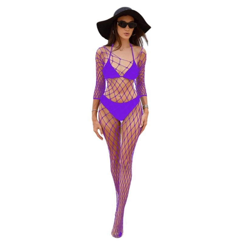 Women Fishnet Mesh Bodystockings Long Sleeve Bodysuit See Through Tights Nightwear Erotic Lingerie Crotchless Jumpsuit