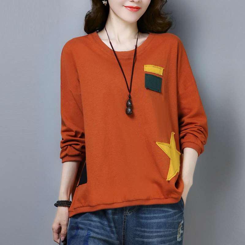Cotton-containing new long-sleeved loose T-shirt women's spring and autumn clothes round neck casual sweater women's Korean version large size