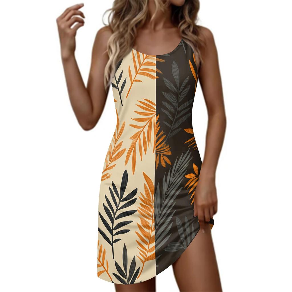 Women's Fashionable Casual Hawaiian Print Round Neck Sleeveless Dress