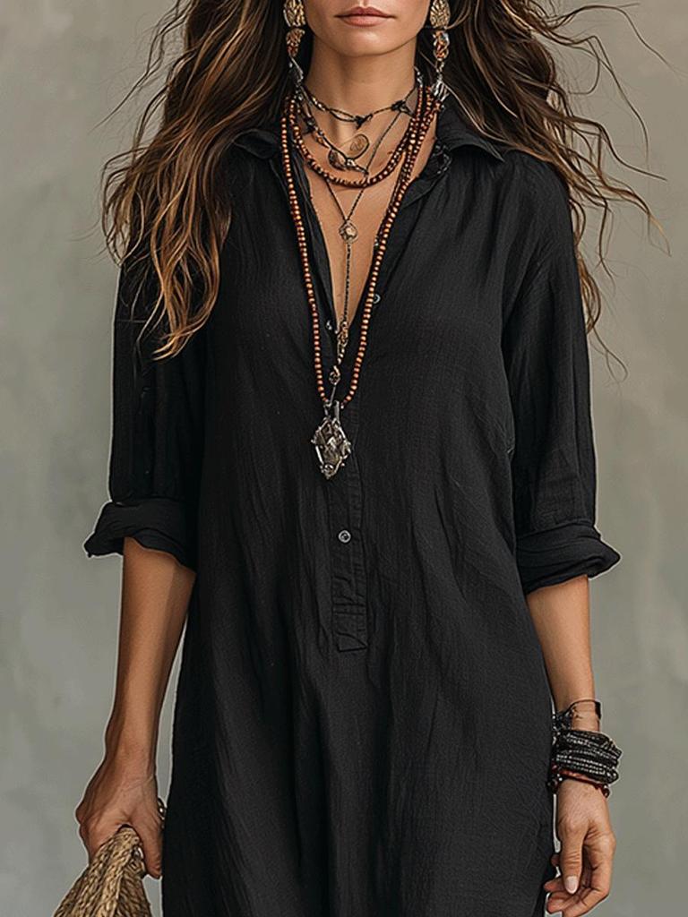 2026 Spring/Summer Casual Solid Color Lapel Slit Dress