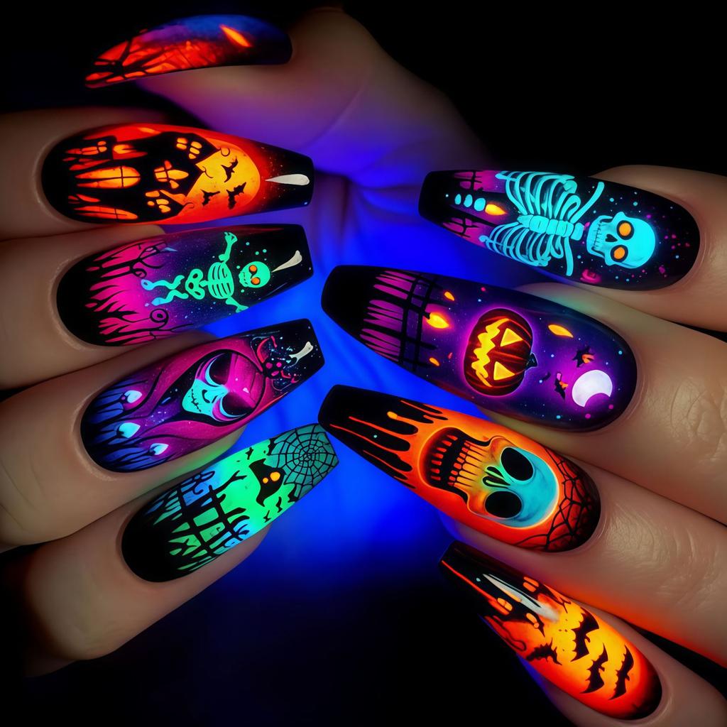 Halloween Nail Art Collection - 24 Pcs Press-On Nail with Eerie Skeletons, Fun Pumpkins, and Spooky Bat Designs