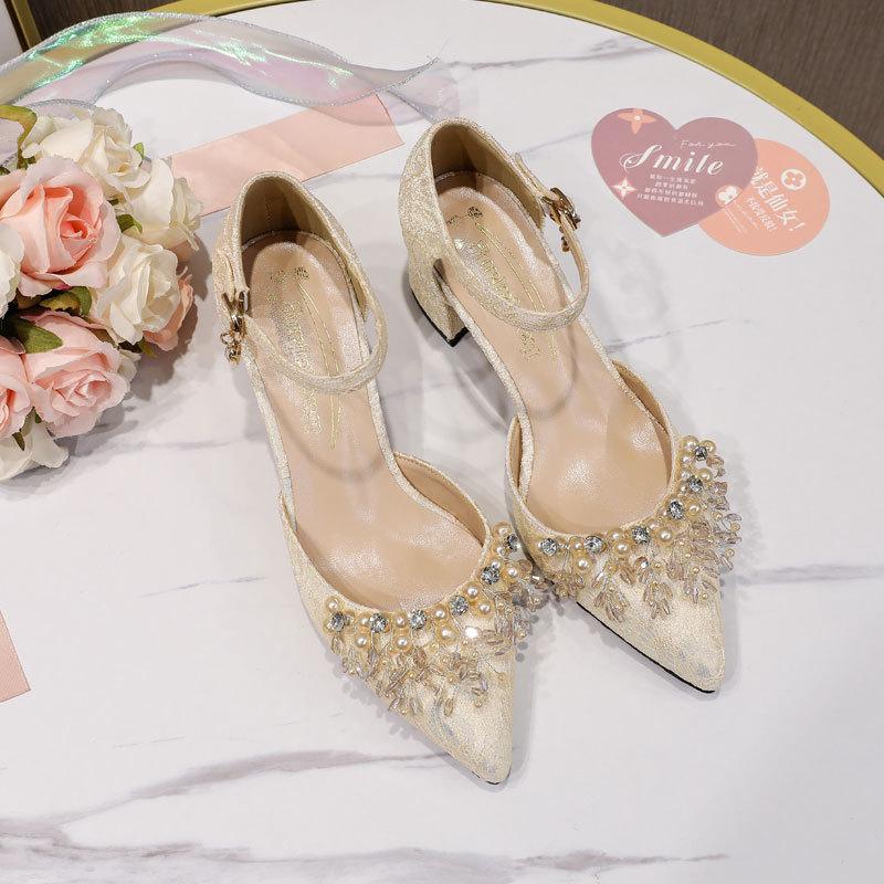 Women's Wedding Shoes Hollow Out Lace Pearl Embellished Peep Toe Chunky Heel Comfortable Sandals Bridal Party Shoes