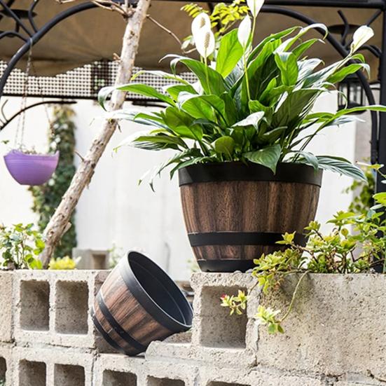 Flowerpot with Built-In Drainage System Rustic Barrel Style Decorative Garden Planter