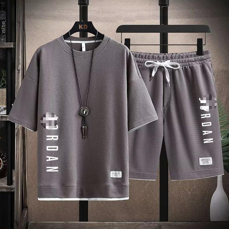Men's Waffle Knit Short-Sleeve T-Shirt & Shorts Set, Casual Summer Sportswear