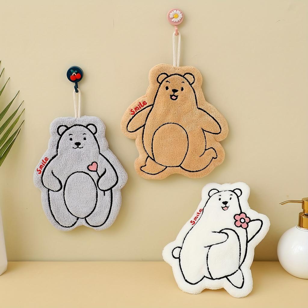 3pcs Ultra-Soft Coral Fleece Cartoon Hand Towels Quick-Dry Highly Absorbent Thickened Hanging Kitchen Towels Cute Bear Designs