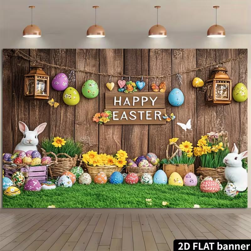 2D rustikales Frohe Ostern Banner - Holz Wand Hase Eier Kulisse für Osterfeier Fotografie