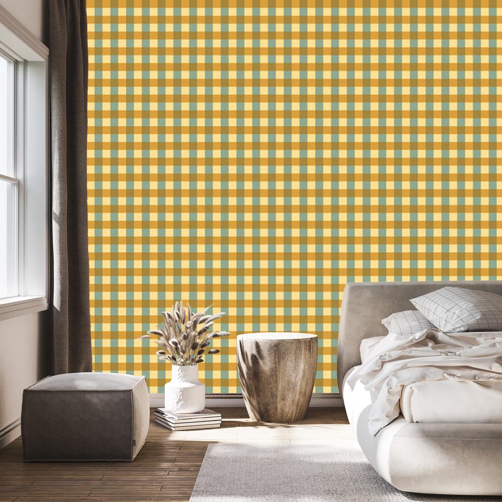 Yellow and Blue Checkered Wallpaper, Gold and Cream, for Living Room and Bedroom, 50x1000