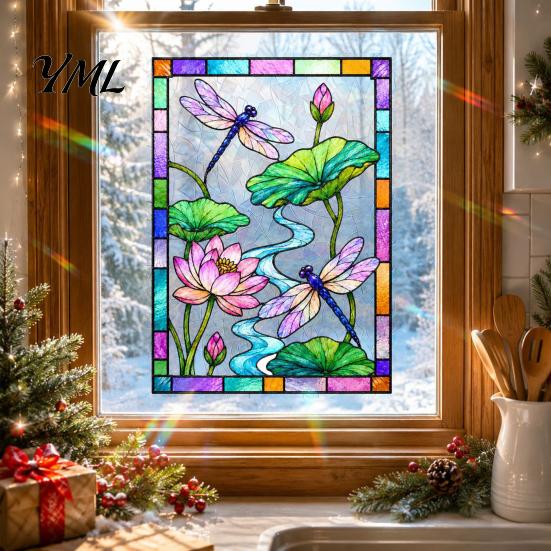 Reusable Glass Sticker Dragonfly Lotus Stained Style Window Cling, Rainbow Suncatcher Static Decal, Privacy Film for Home Door Balcony Bathroom Decor