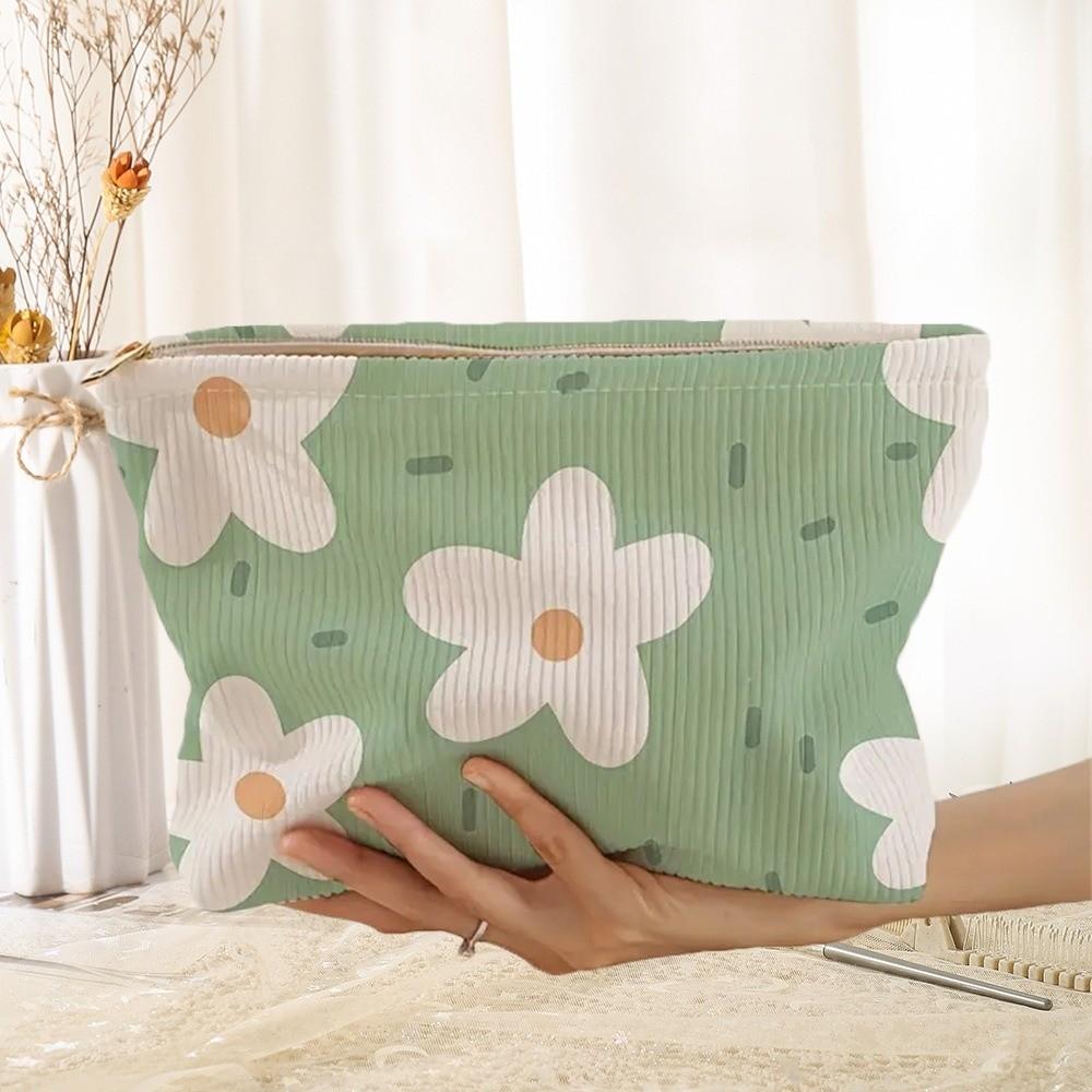 New Portable Floral Cosmetic Bag Corduroy Lightweight Zipper Makeup Organizer Multifunctional Large Capacity Storage Bag Travel