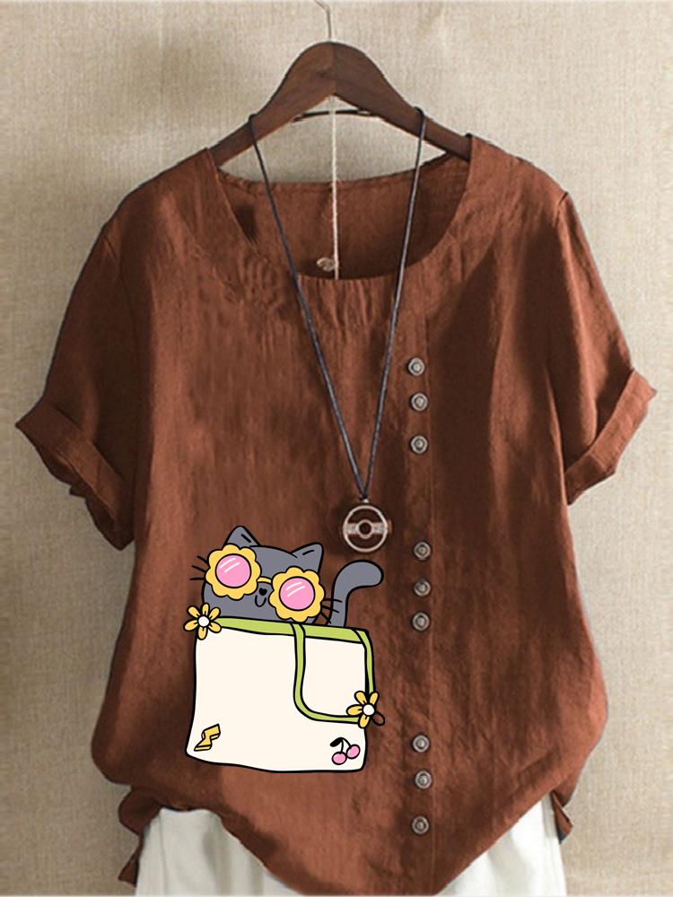 Women's Fashion Cat Print Casual Cotton Linen Short Sleeve Round Neck T-shirt Shirt Leisure Loose Summer Blouse Tops