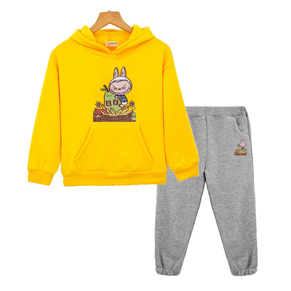 2pcs Pullover+pants Kawaii Boys Girls Hooded Sets Autumn and Winter Labubu  Anime Hoodie Fleece Sweatshirt Cartoon Jacket Kids Boutique Clothes