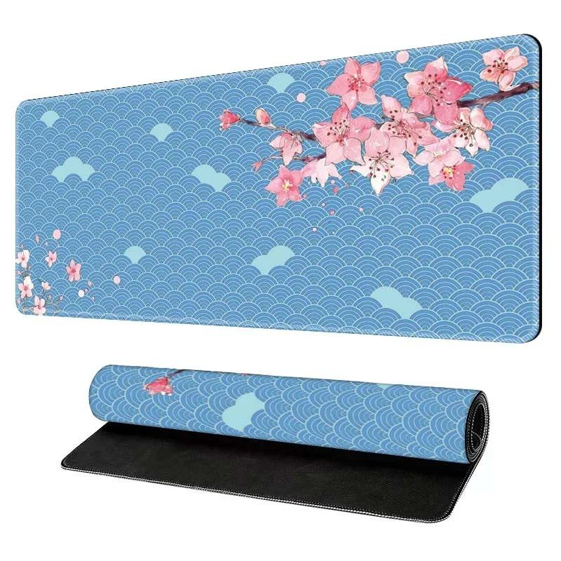 Sakura Cherry Blossom Desk Mat Black Wave Texture Gaming Mouse Pad NonSlip Rubber Keyboard Mat Stitched Edge Table Pad