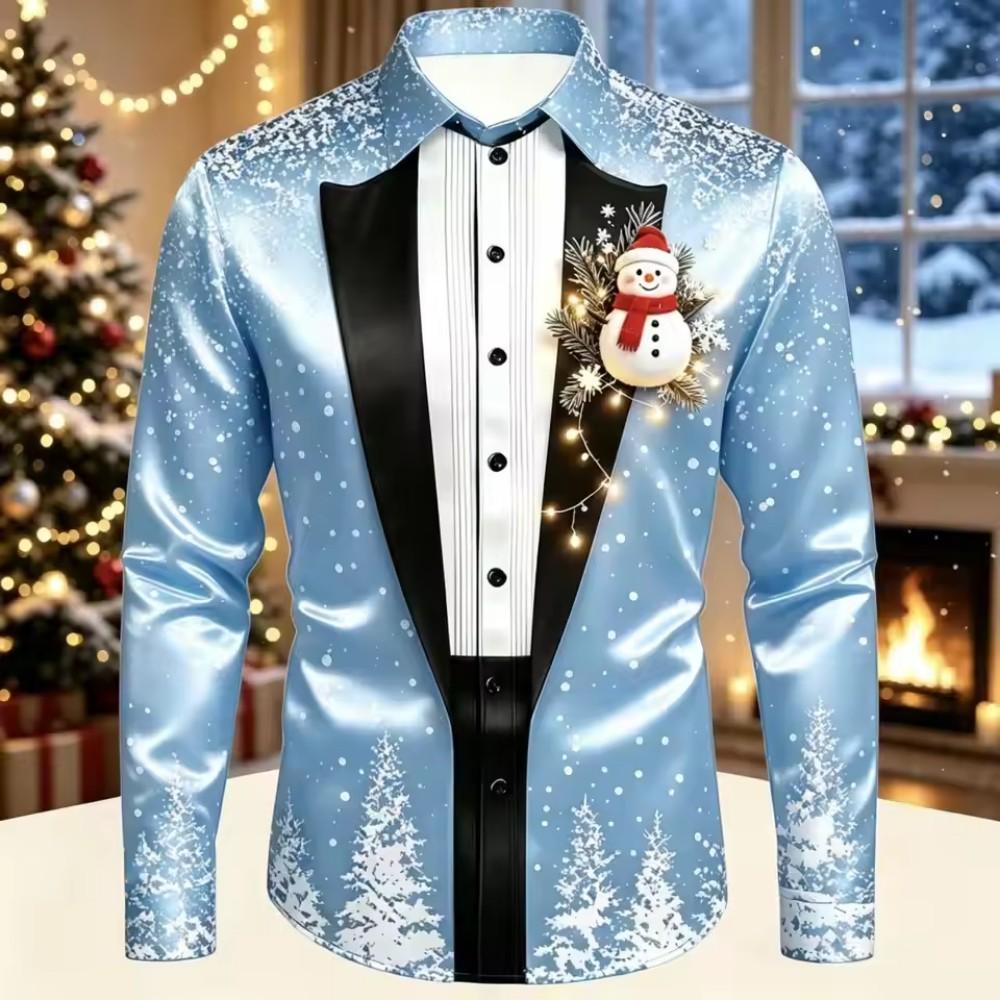 2026 Men's Fashion Christmas Satin Long Sleeve Shirt Christmas Special Edition 3D Printed Snowflake Christmas Tree Cane Candy