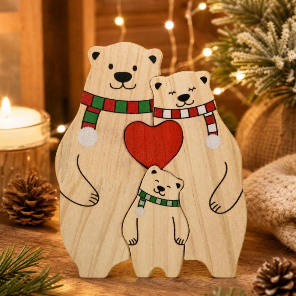 Wooden Bear Ornament with Engraved Names Animal Family Puzzle Customizable