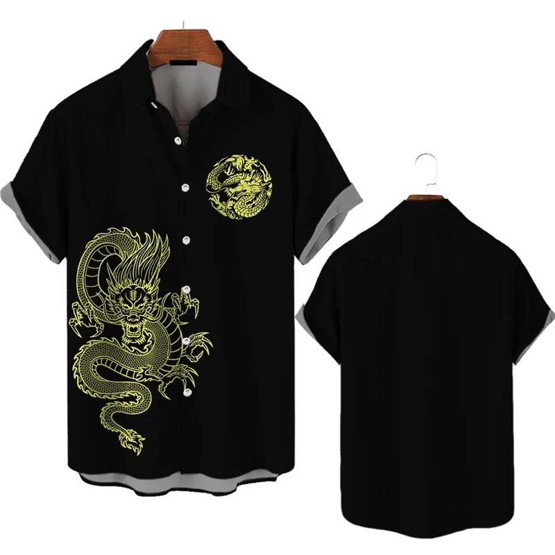 3D Dragon Printing Men's Short Sleeve Shirts Casual Fashion Lapel Buckle Men Clothing Daily Breathable Plus Size Shirts For Men