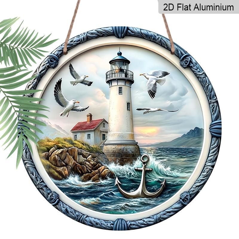 

2D Flat - Vintage Aluminum Wall Art Featuring Decorative Signs And Plaques of a Lighthouse And Seagull, Designed in Vibrant Sunset Colors. Ideal for 7.87×7.87inch