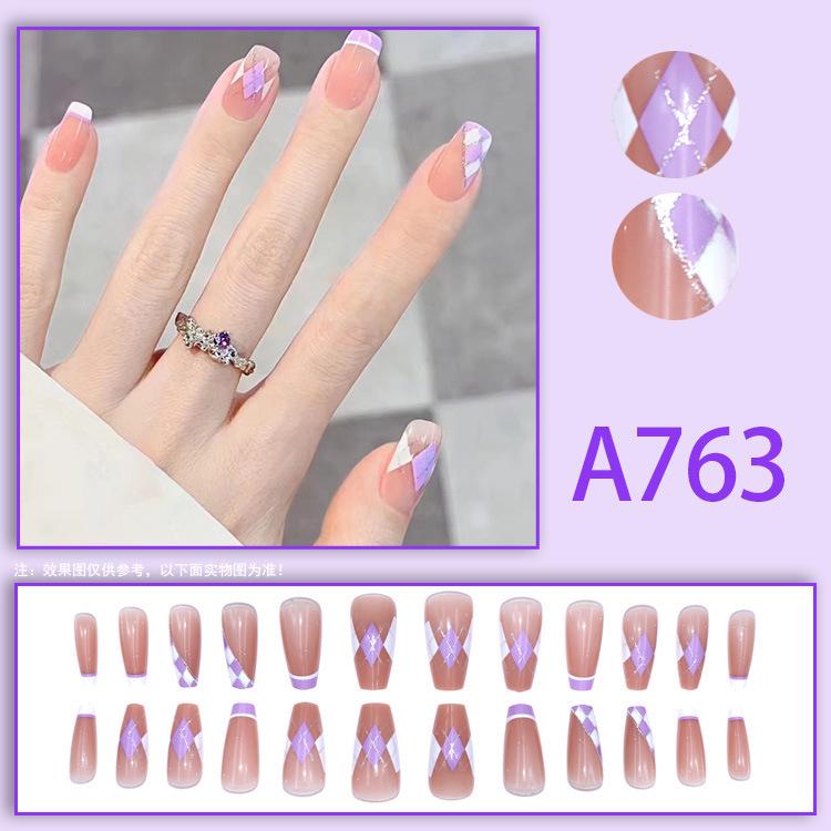INS Style Light Purple Plaid Press-On Nails - Fresh, Gentle & Student-Friendly, Removable, Finished Product
