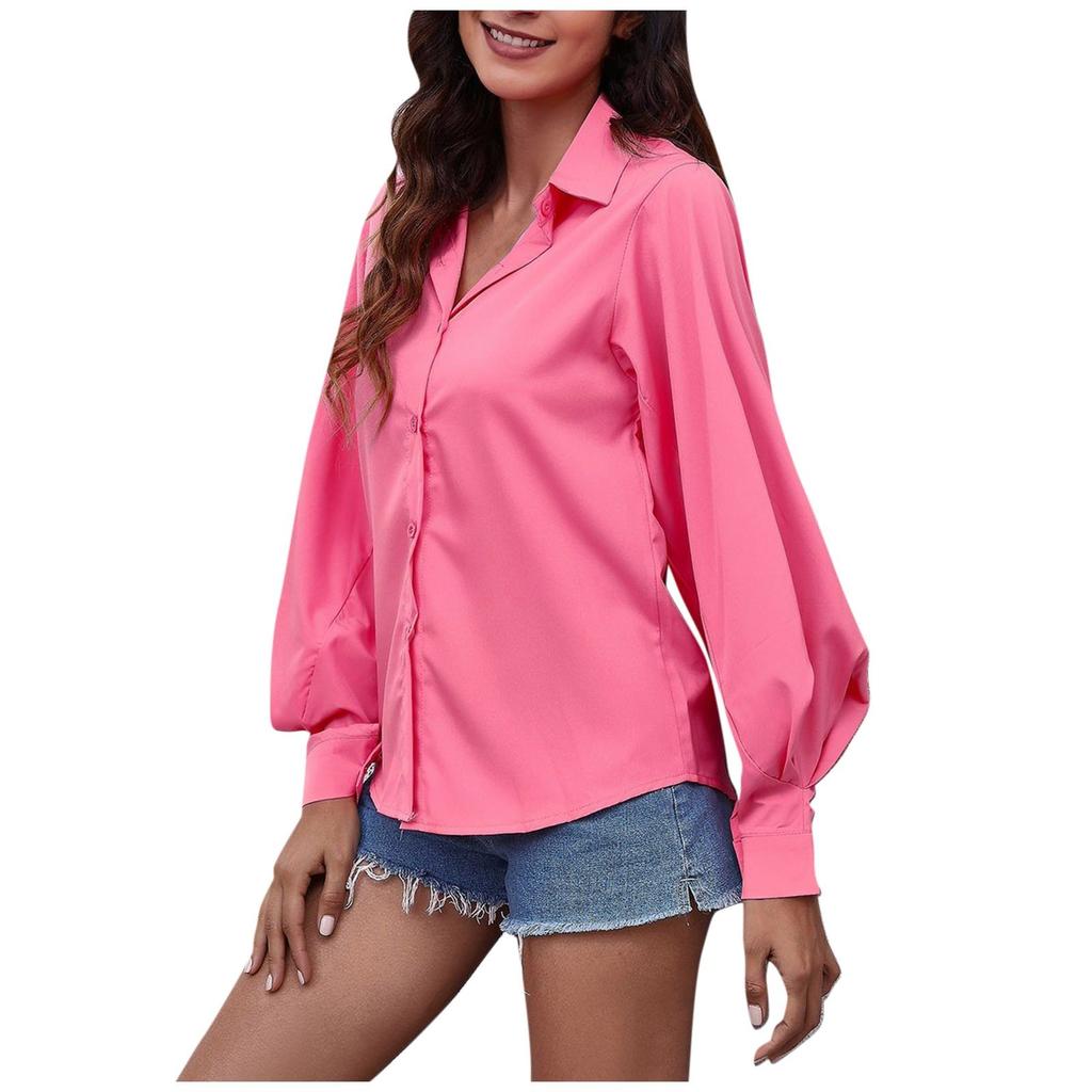 Women's Slim Fit Solid Color Lapel Long Sleeve Shirt Top T-Shirt