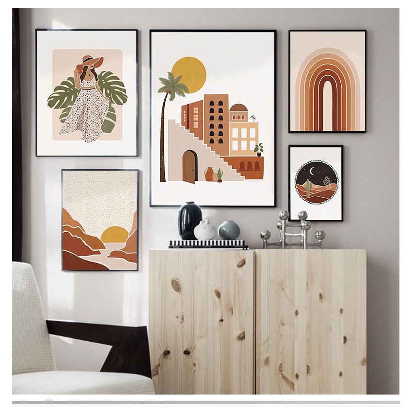 

Листовое растение, плакаты на скандинавскую тему и принт, настенная живопись на холсте, настенные картины для декора гостиной, абстрактная девушка, восход солнца, геометрический