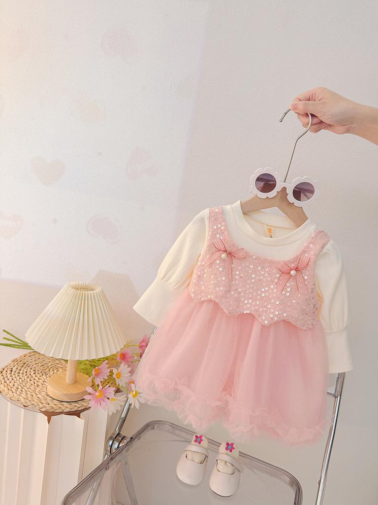 Cute Girls Long Sleeve Fake Two Piece Dress Heart Patchwork Toddler Baby Princess Dress Casual Party Outfit