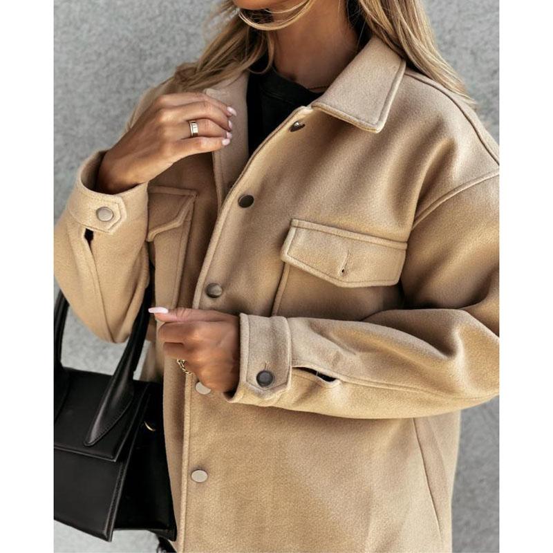 Polo Collar Woolen Coat Women's Casual Long Sleeved Top Solid Color Single Breasted Commuting Loose Jacket Autumn Winter New Fashion