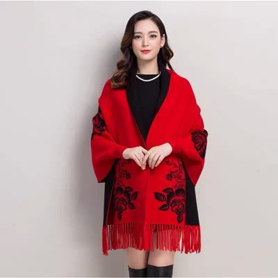 Large Size Double Sided Jacquard Tassel Knitted Shawl Cape Bat Sleeve Sweater Jacket 0108 #