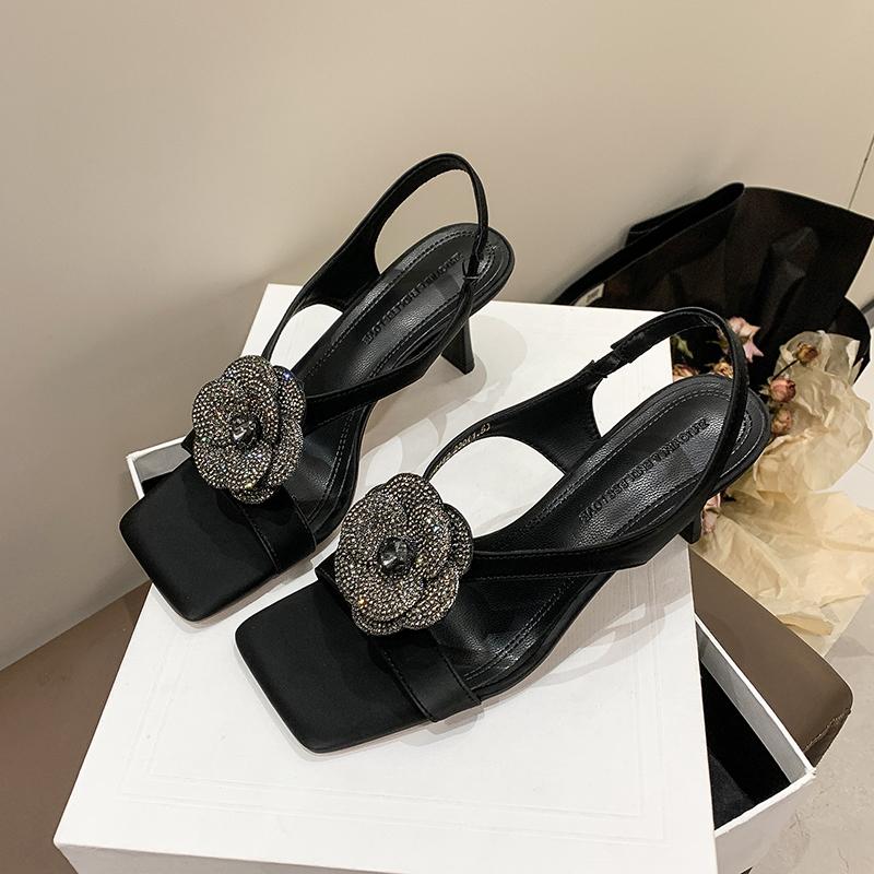 Fashion Women's Fashion Stiletto Sandals Summer New Square Head Open Toe Crystal Flower Set Foot Anti-slip Wear-resistant High Heels