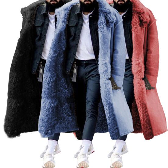 Men Winter Overcoat Faux Fur Thicken Long Sleeves Pockets Solid Color Warm Midi Length Plus Size Buttons Outdoor Coat for Camping