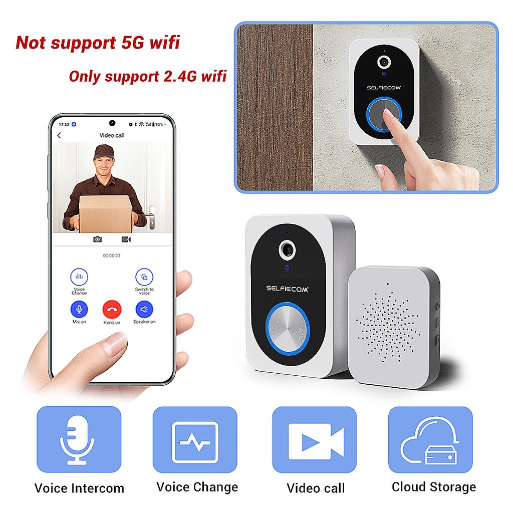 Smart Video Doorbell, Wireless WiFi Doorbell Camera with Night Vision, Two-Way Audio, Voice Changer, Free 72H Cyclic Cloud Storage, Auto Visitor