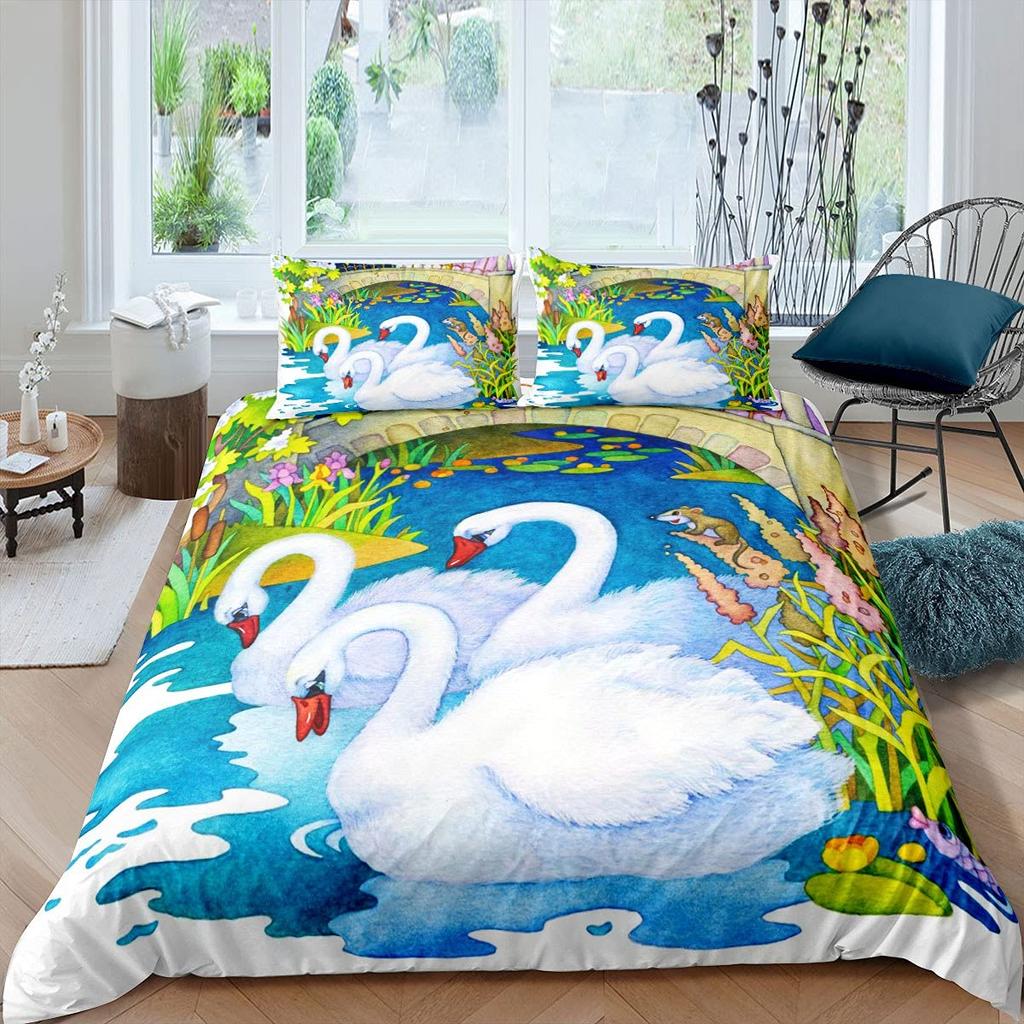 Swan Duvet Cover King Queen Beautiful Elegant White Animal Bedding Set Kid Teens Adults Wildlife Lake Soft Quilt Cover