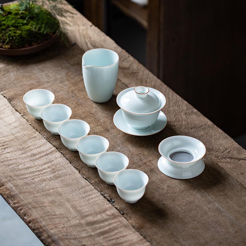 Minimalist White Jade Porcelain Kung Fu Tea Set: Handmade Teacups & Gaiwan Business Gift