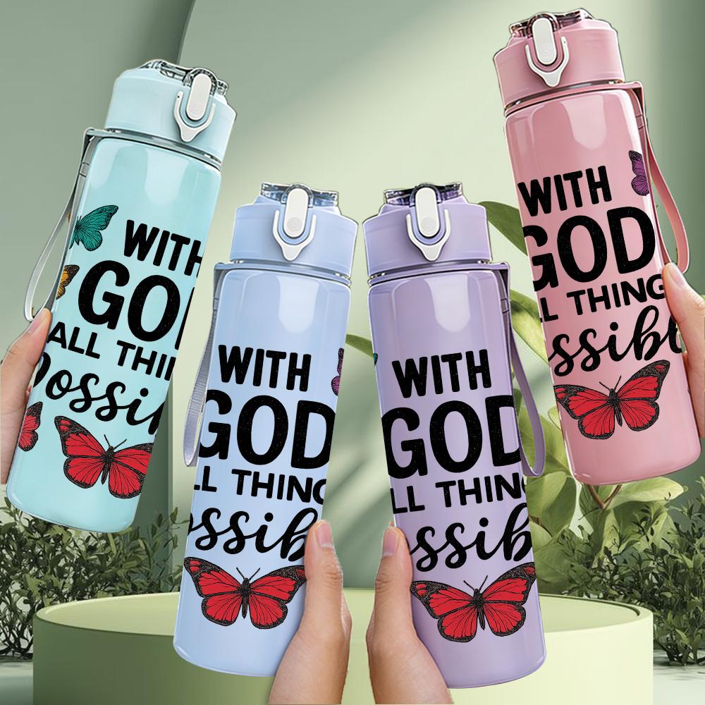 1PC With God All Things Quote Text 750ml Color Plastic Sports Water Bottle Leakproof Flip Straw Lid For Sports Office Home Use
