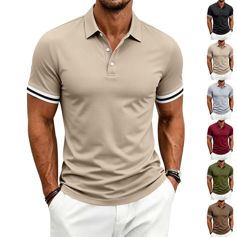 Herren Kurzarm Poloshirt Klassische Passform Button-Down-Kragen Lässiges Sommeroberteil mit gestreiftem Ärmeldetail