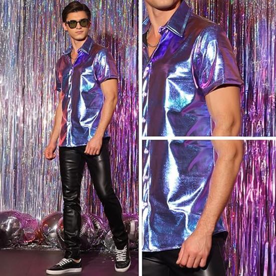 Pánská lesklá metalická košile s krátkým rukávem s klopou, zapínací na knoflíky, třpytivý disco outfit pro pódiové vystoupení, noční klub, taneční párty, bar
