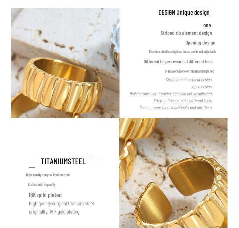 Marke Europäischer Stil Gerippter Streifen Offener Zeigefinger Ring - 18 Karat Gold Titanstahl Schmuck