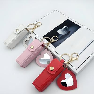 Yousheng Keychain Lipstick Bag Love Mirror Protective Faux Leather Case Portable Keyring Cell Phones Wallet Car Key Chain