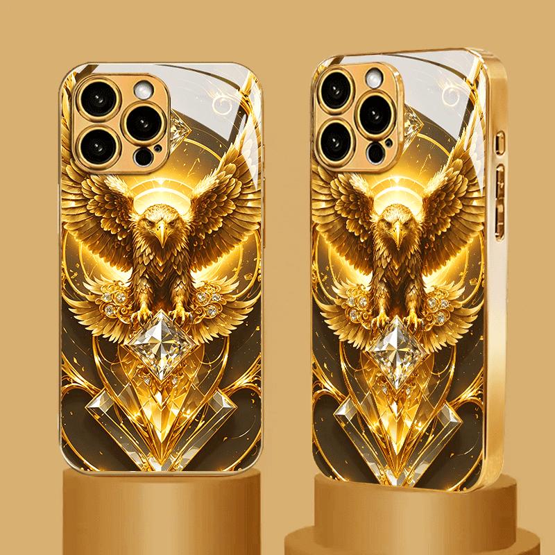 Custodia per telefono in vetro placcata elettroliticamente di alta qualità per iPhone 17, 16, 15, 14, 13, 12, 11pm Pro Plus. Design di lusso di alta gamma con aquila dorata.