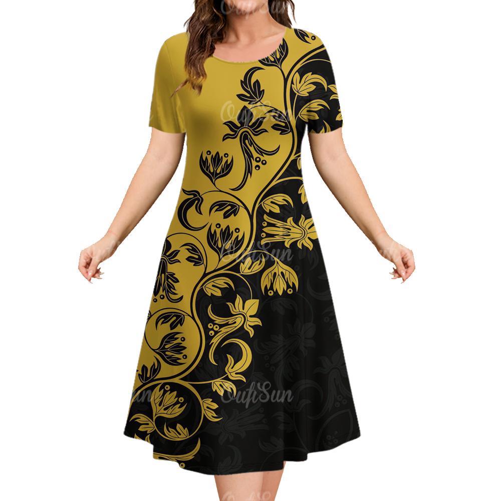 Damen Sommerkleider Vintage Bedruckt Mode Kurzarm Rundhals Kleider