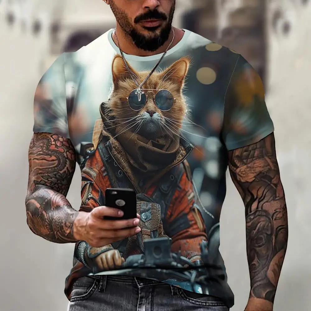 Men's 3D Printed T-Shirt Cute Cat Pattern Print Short Sleeve O-Neck Pullover Casual Top