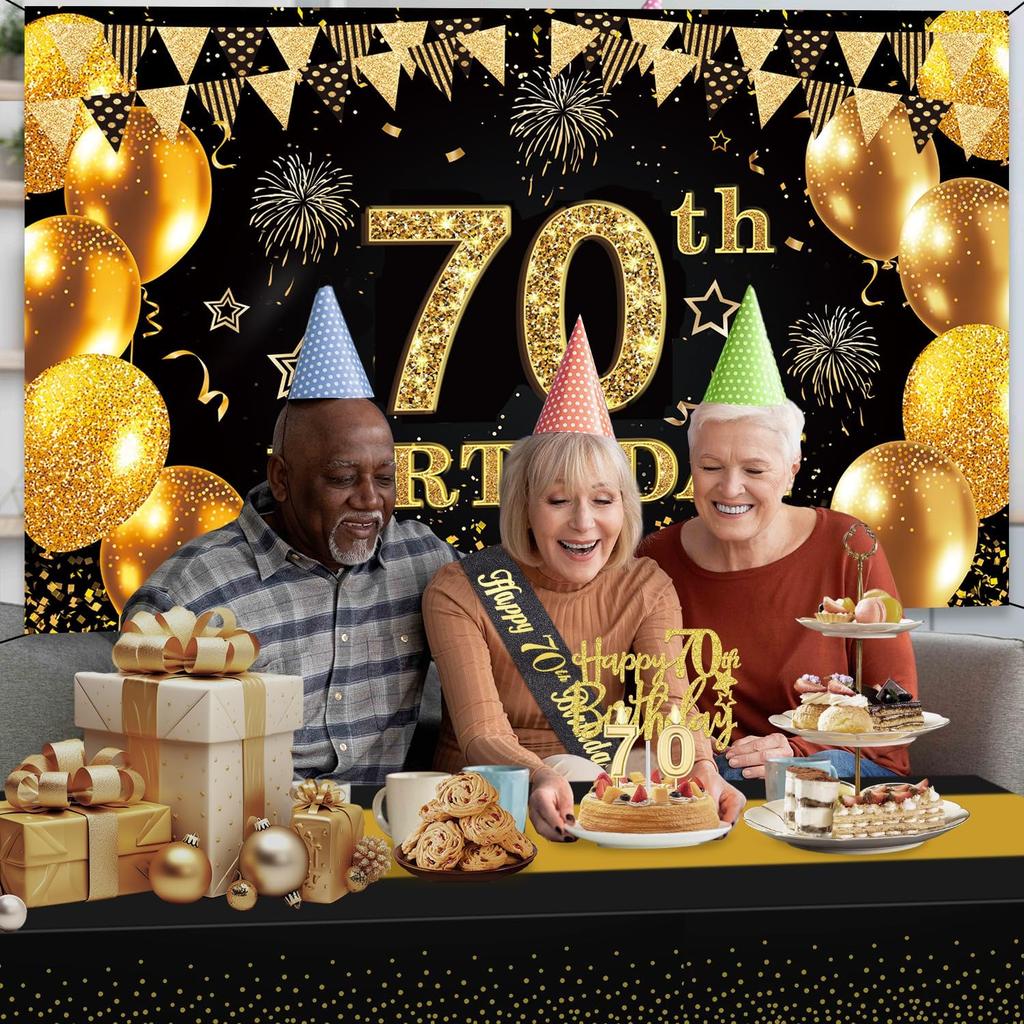 70th Birthday Decorations Men Women with 70th Birthday Banner, Black and Gold Table Cloth,Number Balloons, Large Sash, Cake Topper and Candles