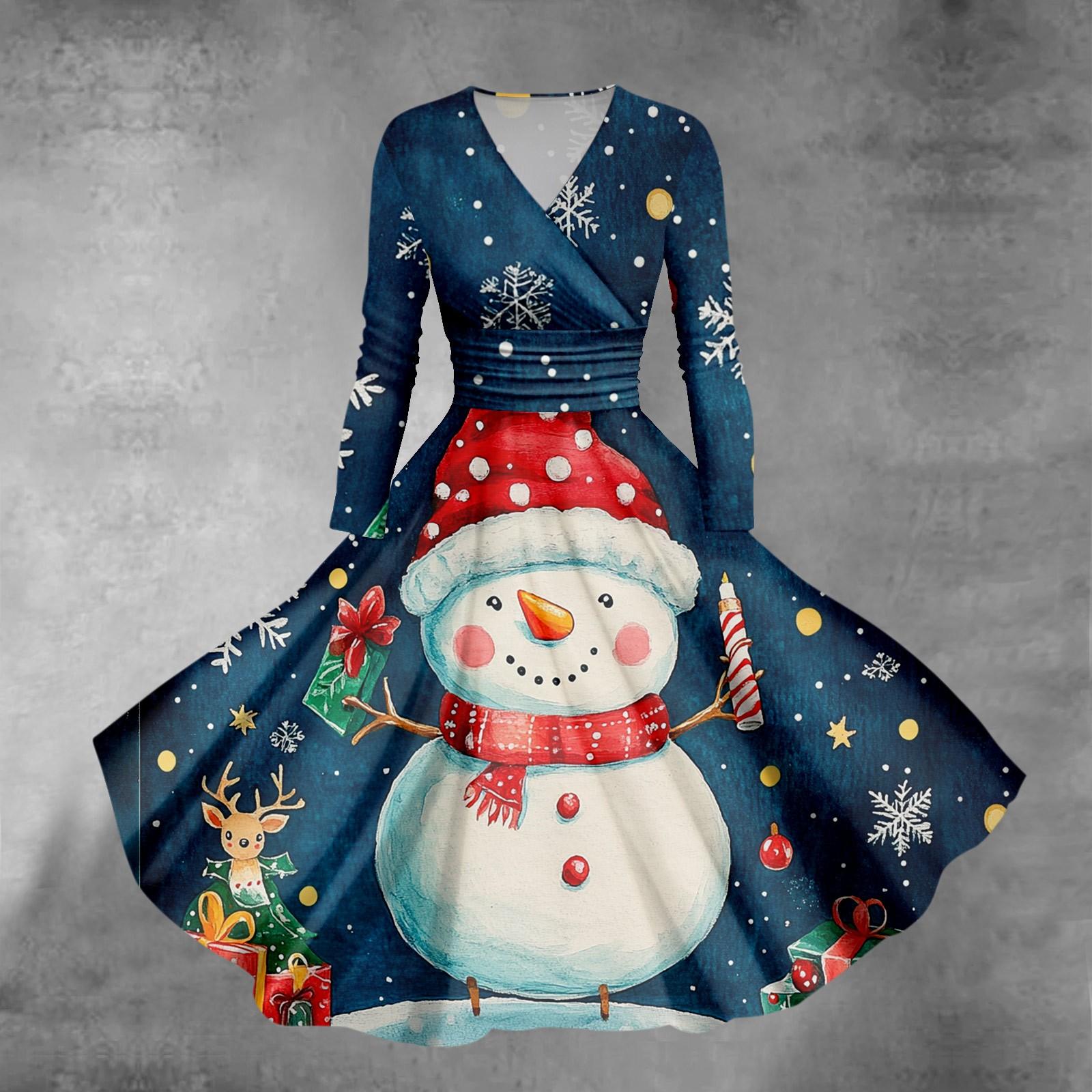 

Женское повседневное и модное сексуальное платье с v-образным вырезом и длинными рукавами с рождественским принтом S