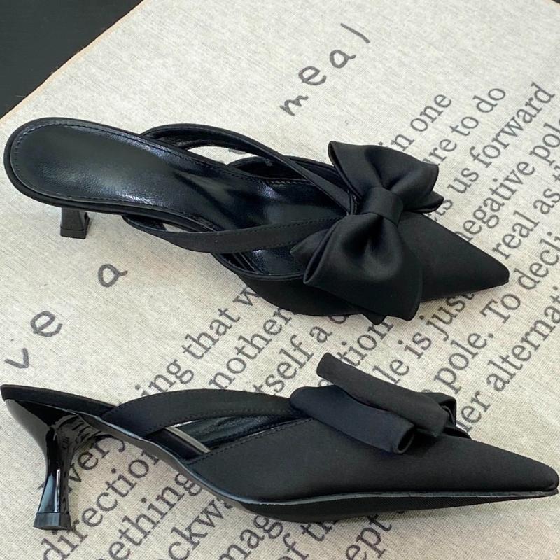 Fashion Cool Slippers for Women's Summer 2025 New French Pointed Bow Hollow High Heels, Half Wrapped Women's Slippers