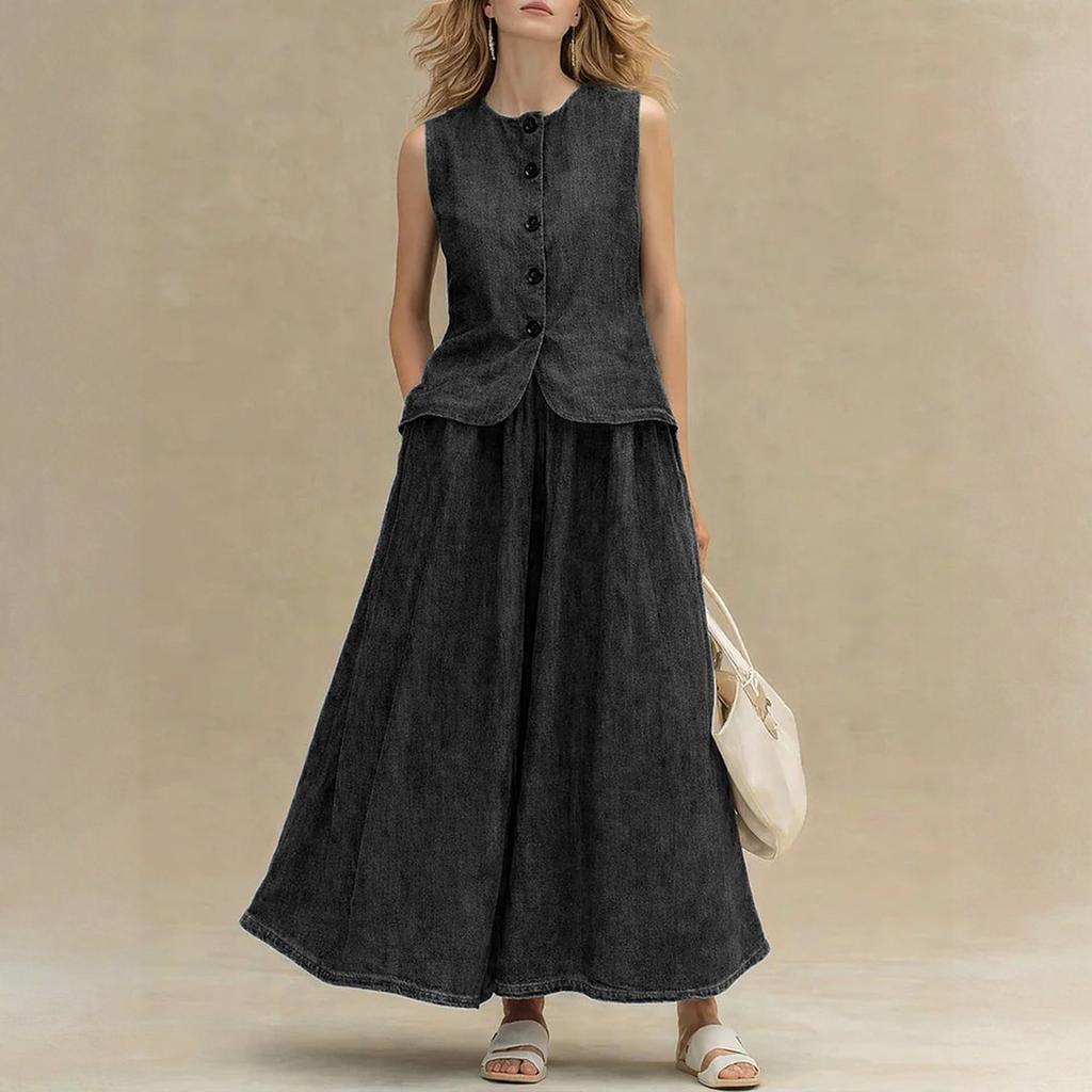 Ladies' Casual Round Neck Sleeveless Loose Denim Top And High Waisted A-line Skirt Denim Suit